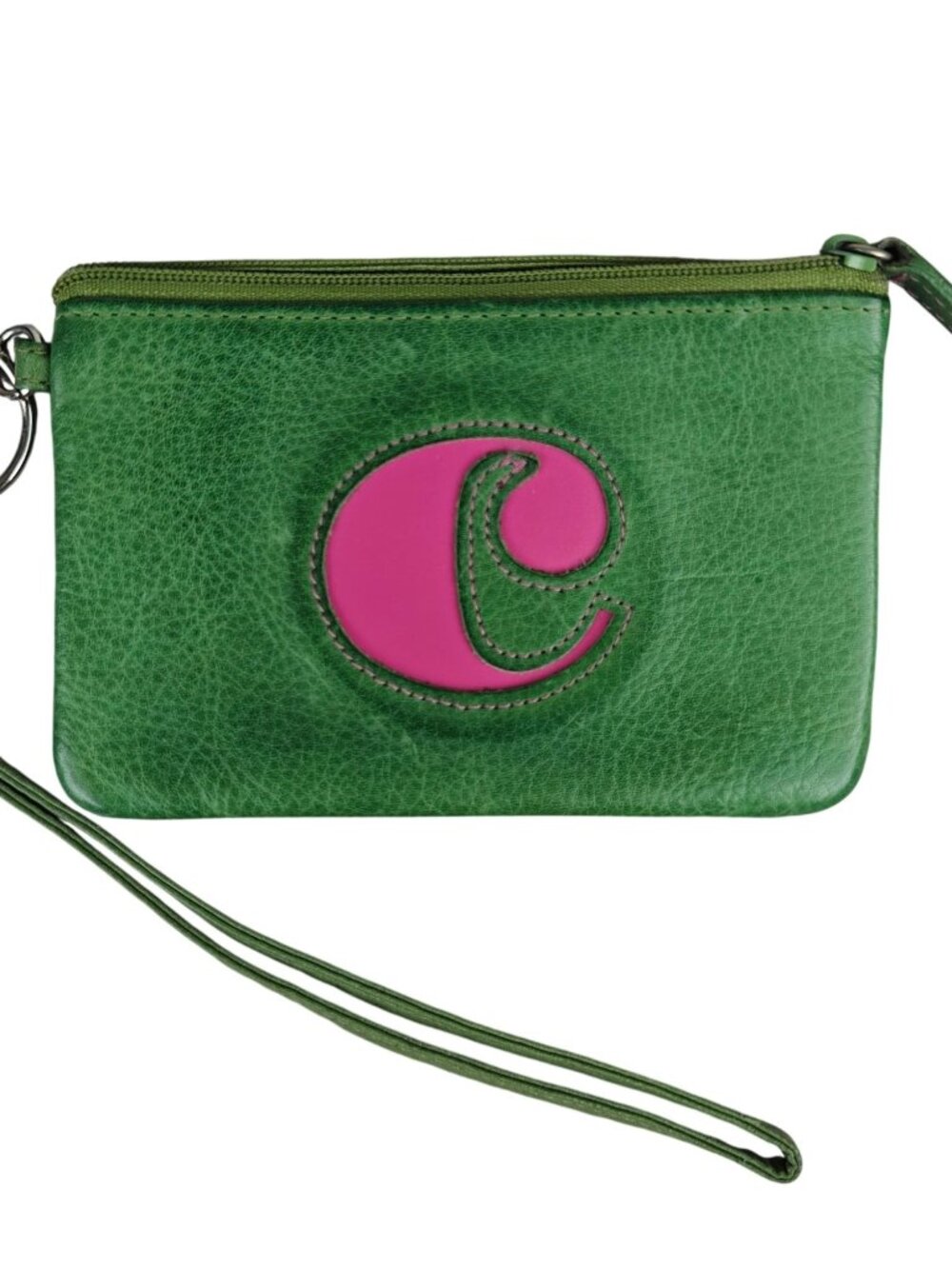 Rolfs Genuine Leather Green Coin Purse Change Wallet w/ Pink Initial C Monogram